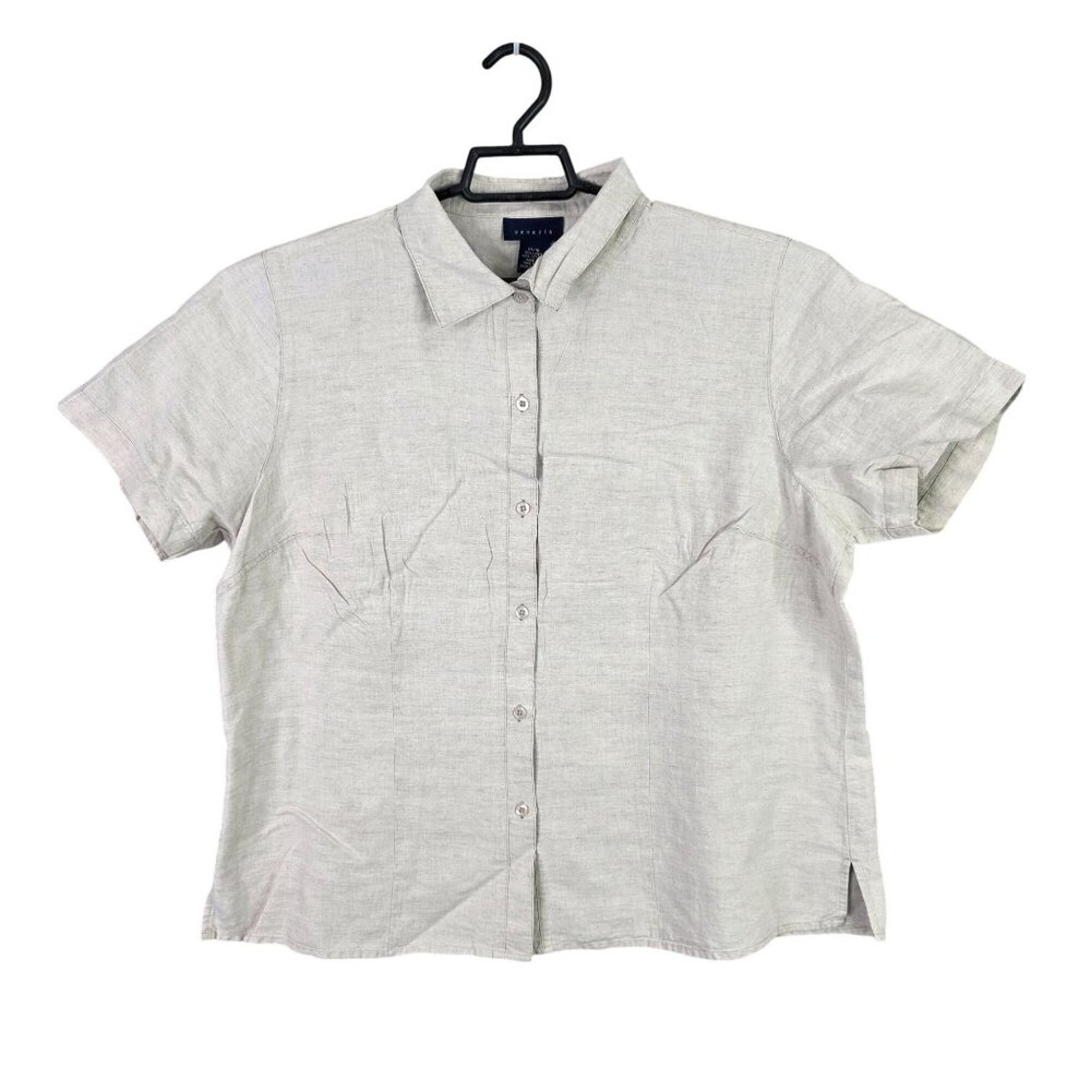 Womens Venezia Beige Linen Cotton Blend Shirt Button Up Short Sleeve Size 14/16
